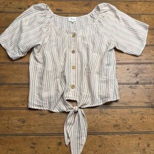 Ava James Top Medium Short Sleeve Seersucker‎ button front striped tie front